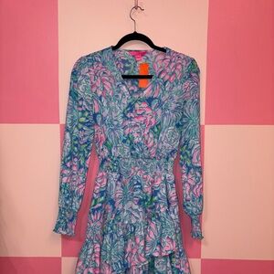 Lilly Pulitzer Blue, Pink & Green Floral Ruffled Dress